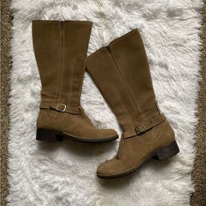 Clarks Derby Palace Leather Boots Tall Tan Side Zip Women’s Size 8 M FLAWED